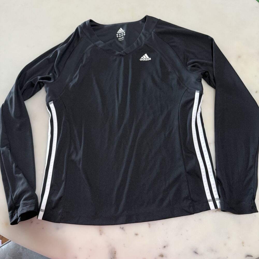 adidas Women M Essential Long Sleeve 3- Stripes Workout Top Black White Running